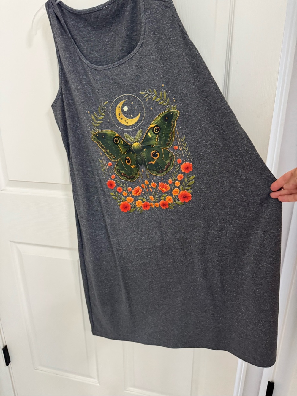 Green Moth Graphic Tank dress with Orange Floral Accents - Picture 4 of 5
